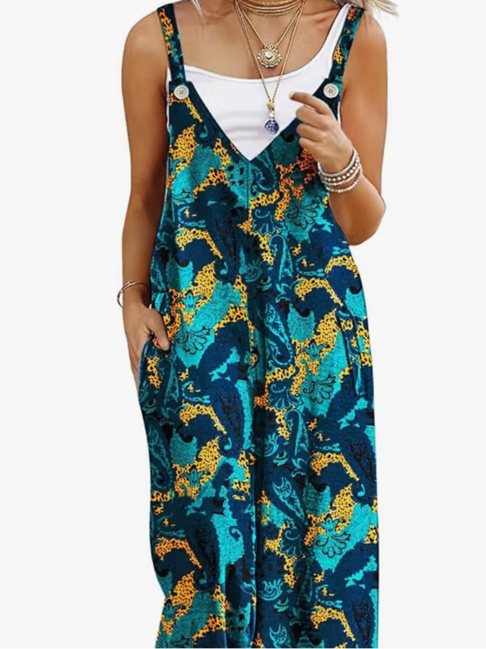 Sleeveless Floral Print Wide-Leg Jumpsuit - Teal & Yellow